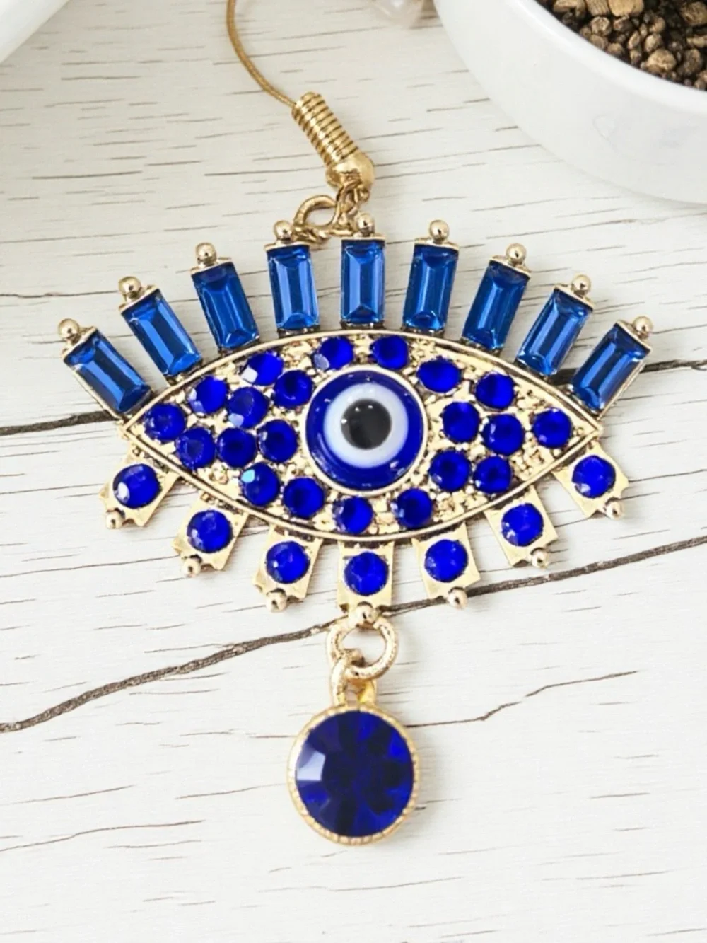 Gold-Tone Evil Eye Drop Earrings with Royal Blue Crystals - Women Jewelry
